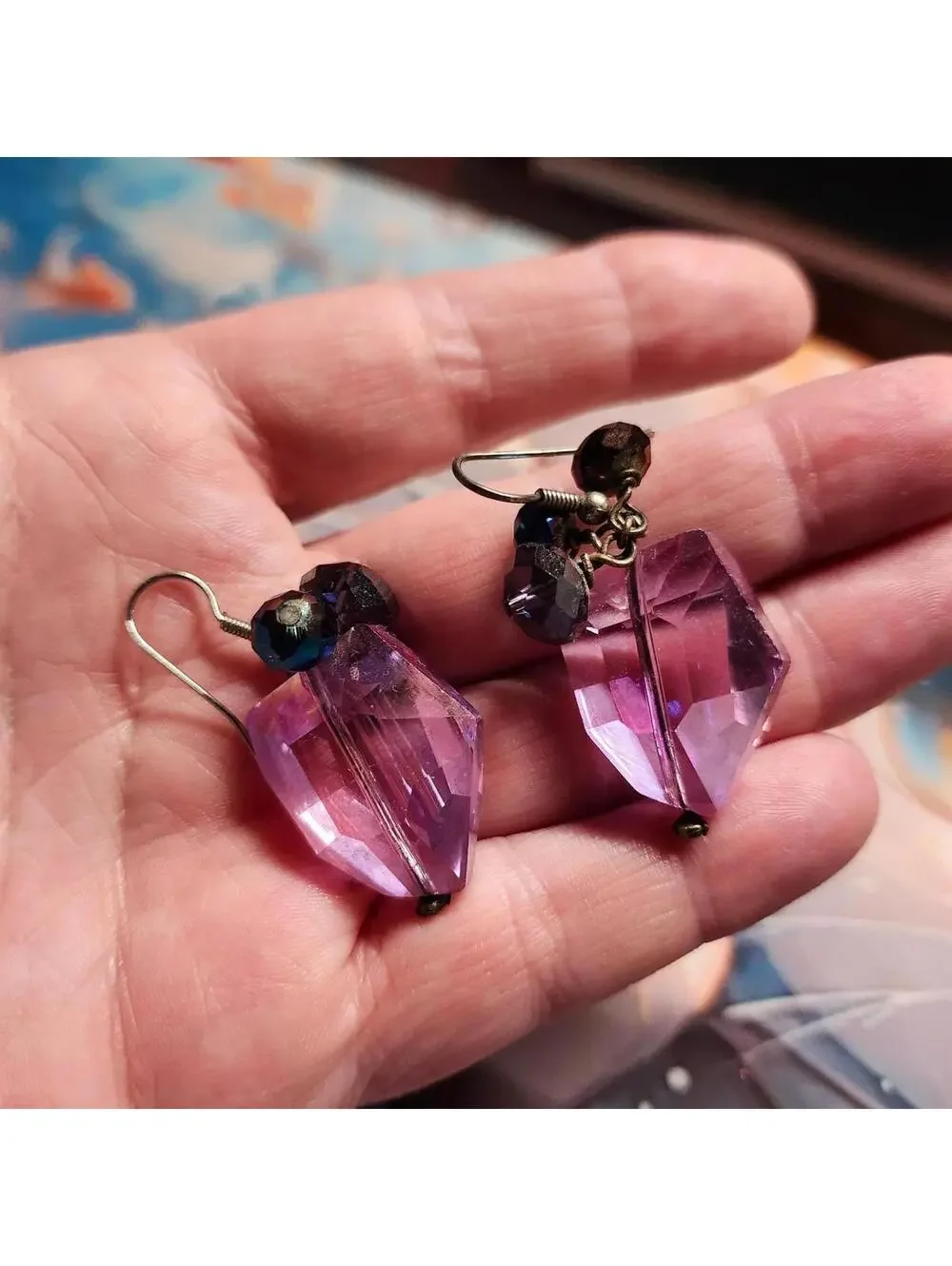 Purple Faceted Drop Earrings 2 Inch Dangle Beaded Statement - Picture 2 of 5